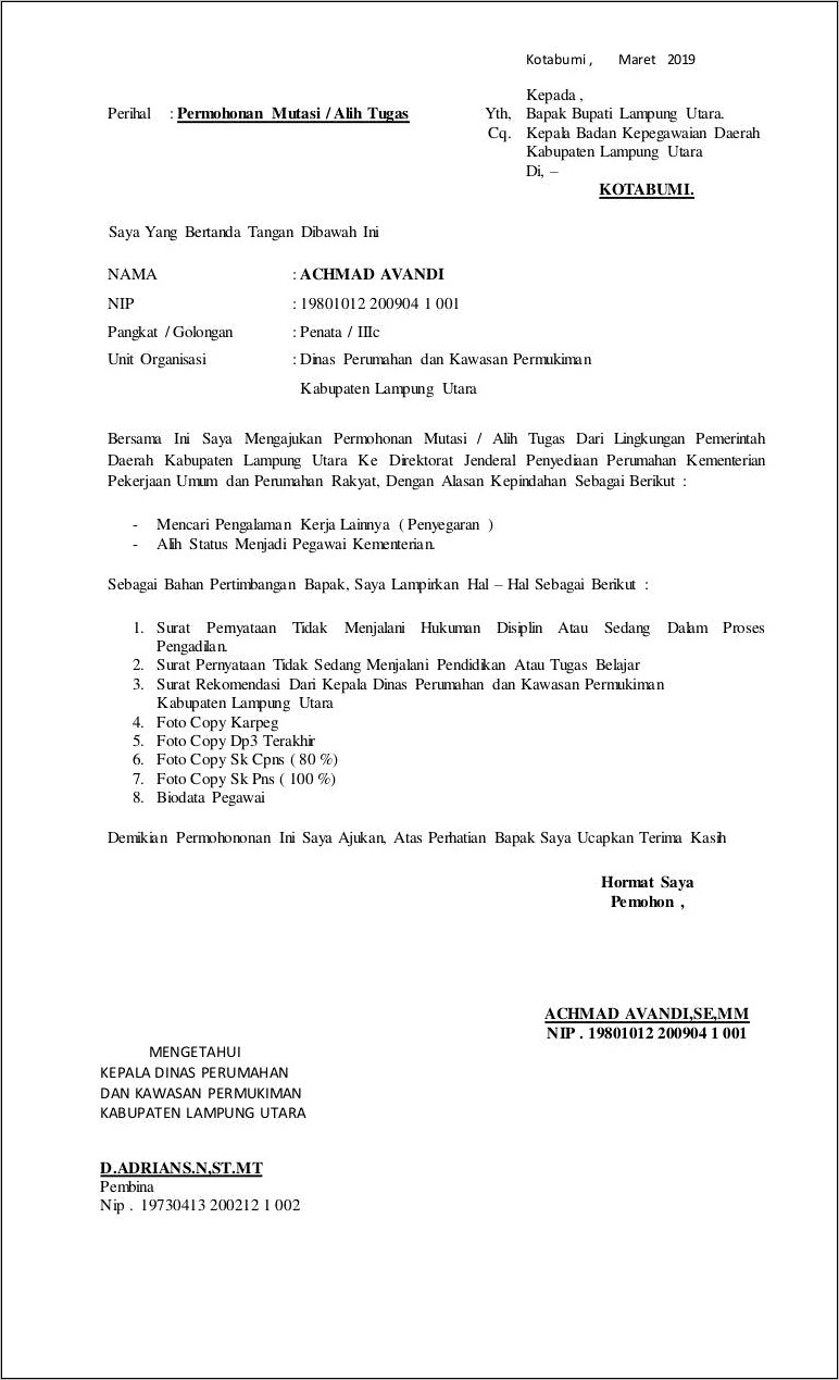 Contoh Surat Pernyataan Tidak Pindah Tugas Untuk Cpns