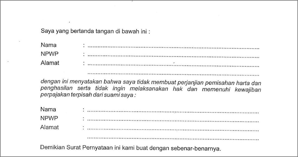 Contoh Surat Pernyataan Tidak Pisah Harta