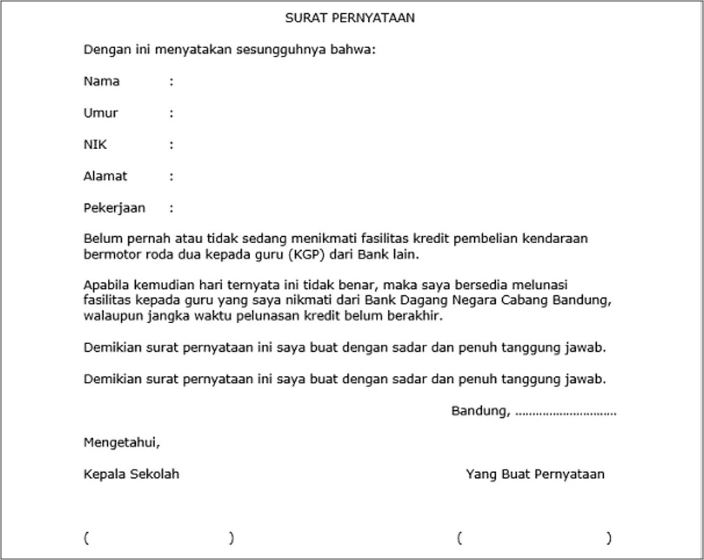 Contoh Surat Pernyataan Tidak Sanggup Membayar