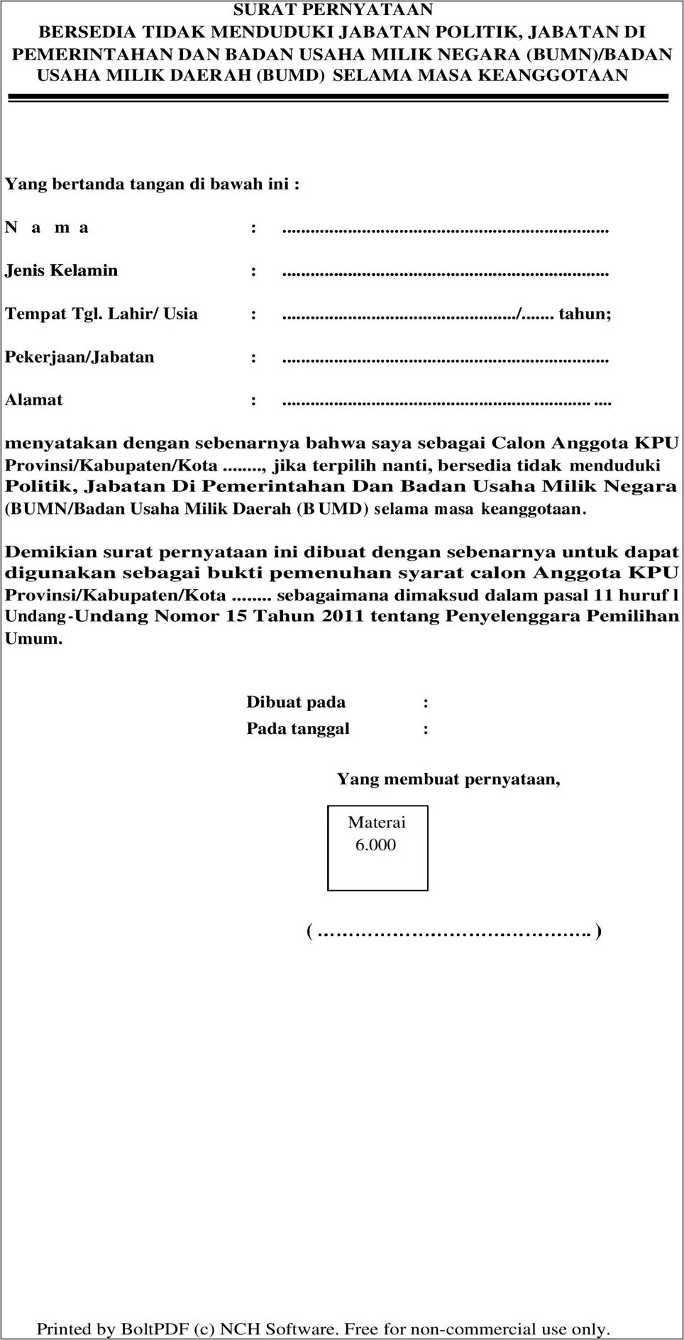 Contoh Surat Pernyataan Tidak Sedang Menduduki Jabatan