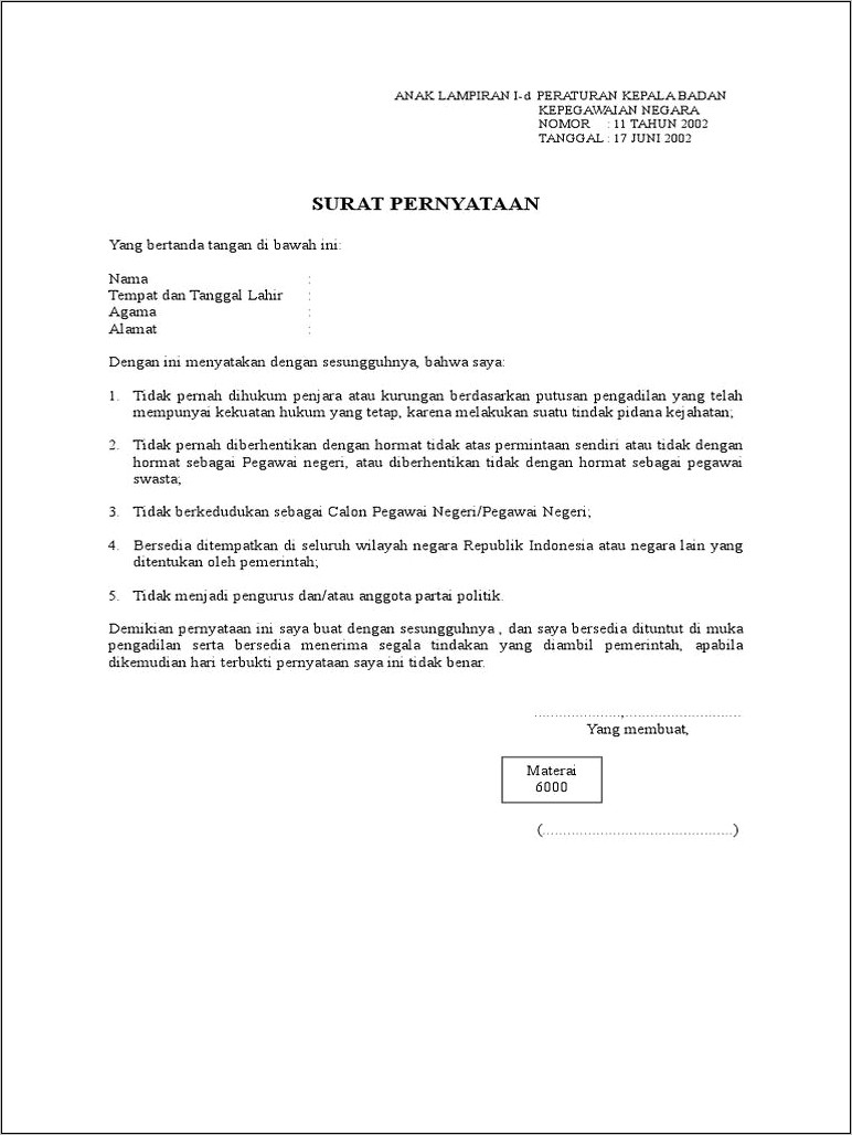 Contoh Surat Pernyataan Tidak Sedang Menjalani Pidana Penjara