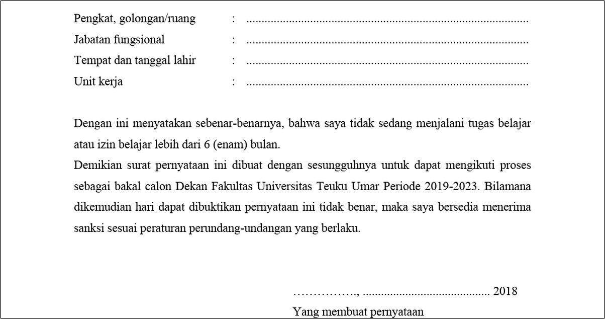 Contoh Surat Pernyataan Tidak Sedang Tugas Belajar