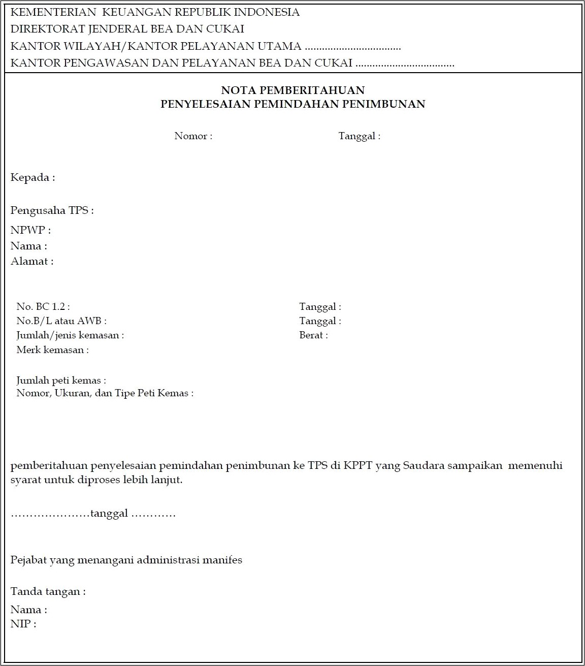 Contoh Surat Pernyataan Tidak Submit Manifest Bea Cukai