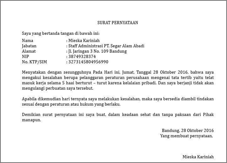 Contoh Surat Pernyataan Tidak Telat