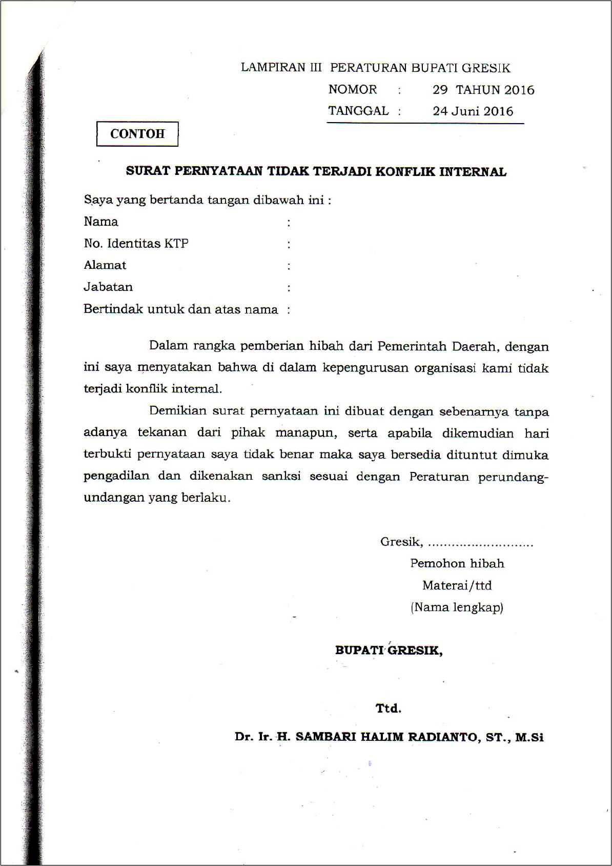 Contoh Surat Pernyataan Tidak Terjadinya Konflik