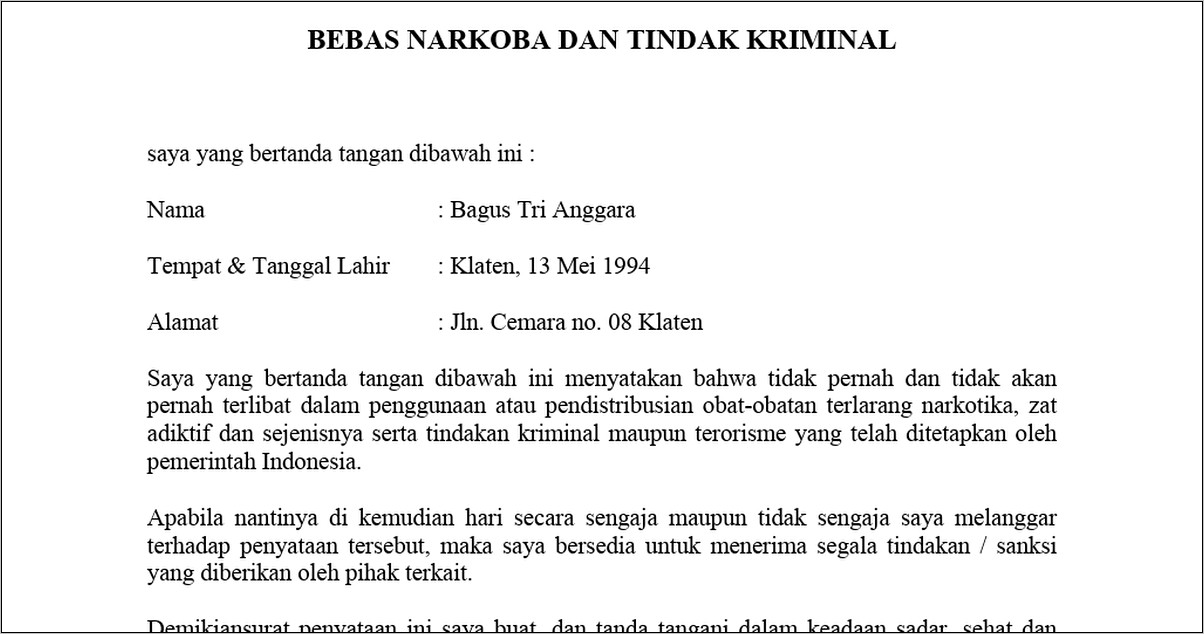 Contoh Surat Pernyataan Tidak Terlibat Tindak Kriminal