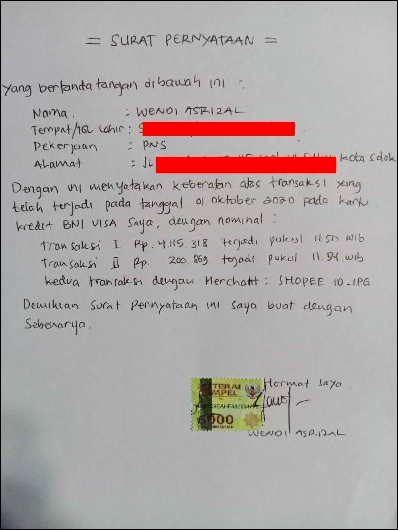 Contoh Surat Pernyataan Transaksi Kartu Kredit