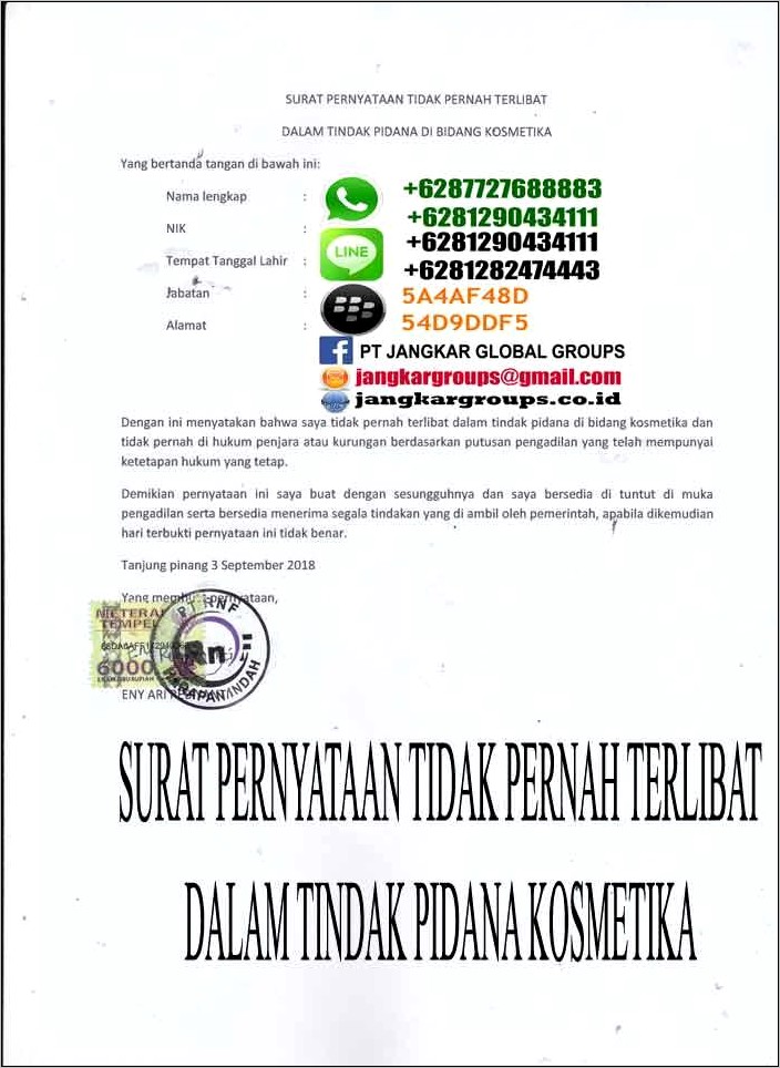 Contoh Surat Pernyataan Tujuan Penggunaan Bpom