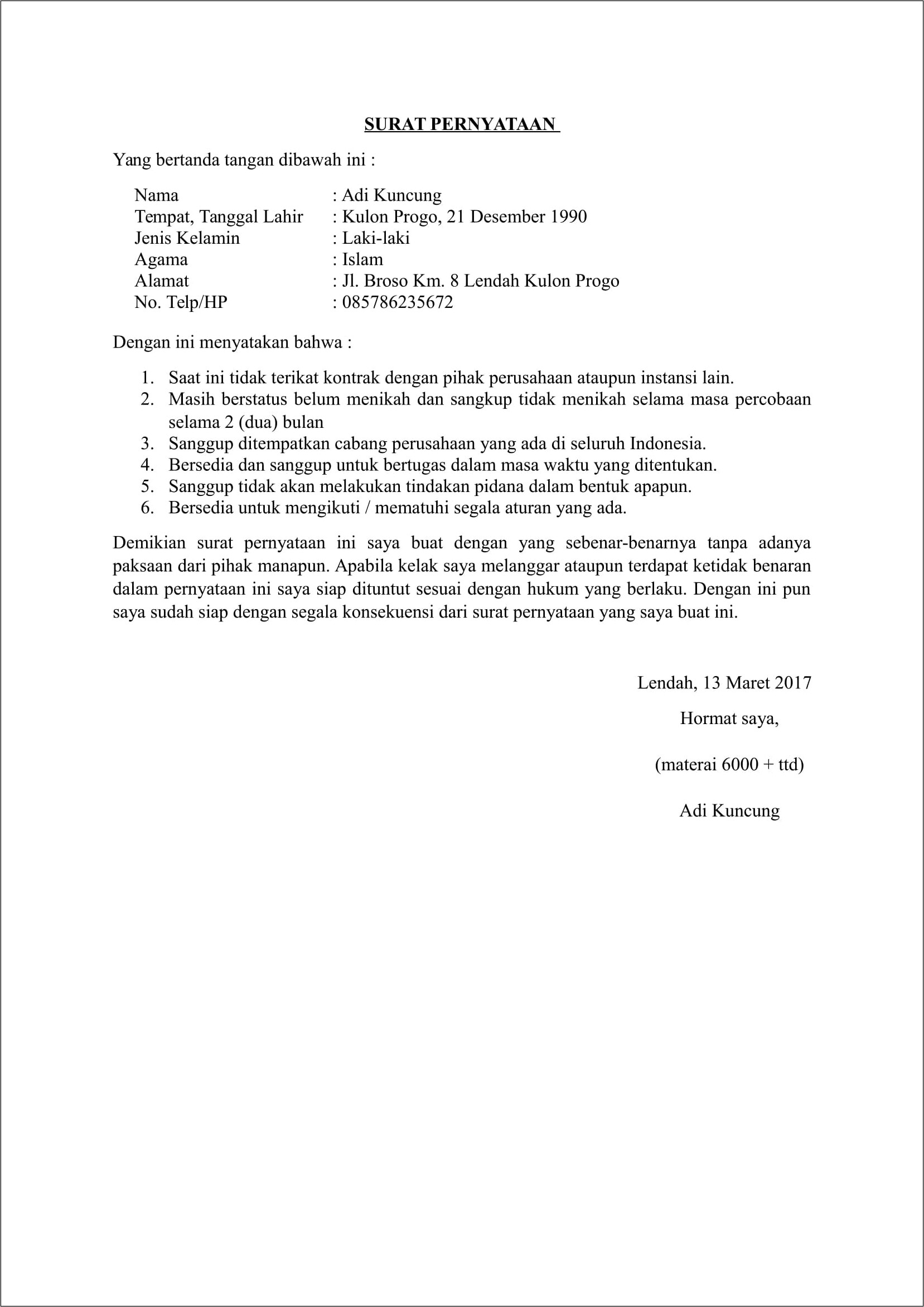 Contoh Surat Pernyataan Tunduk Pada Peraturan Yang Berlaku