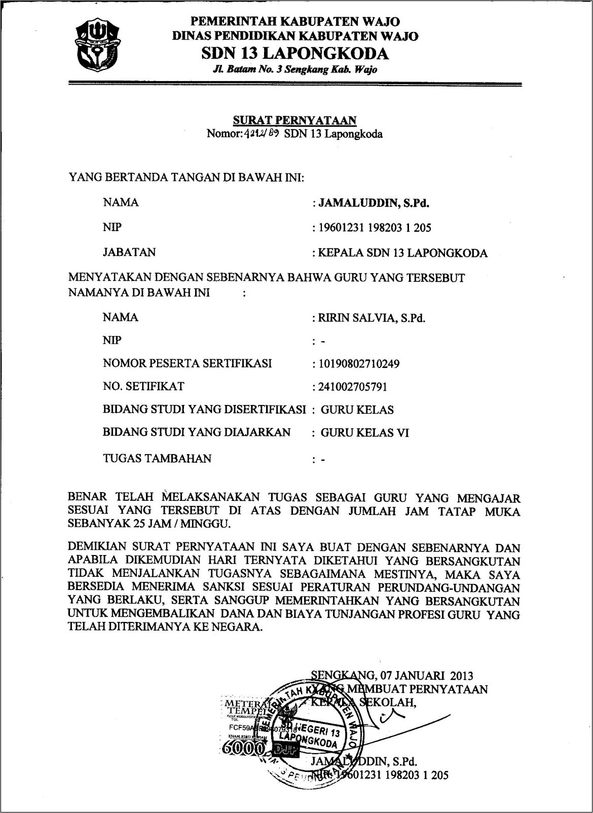 Contoh Surat Pernyataan Tunjangan Kinerja Guru Sd Tahun 2019