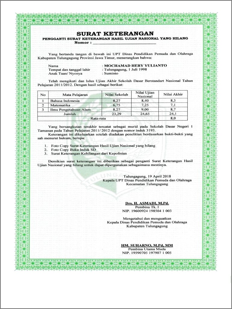 Contoh Surat Pernyataan Ujian Akhir