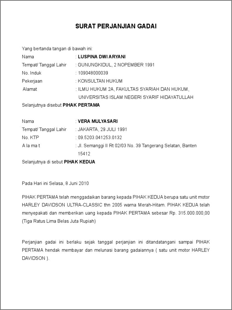 Contoh Surat Pernyataan Unit Motor