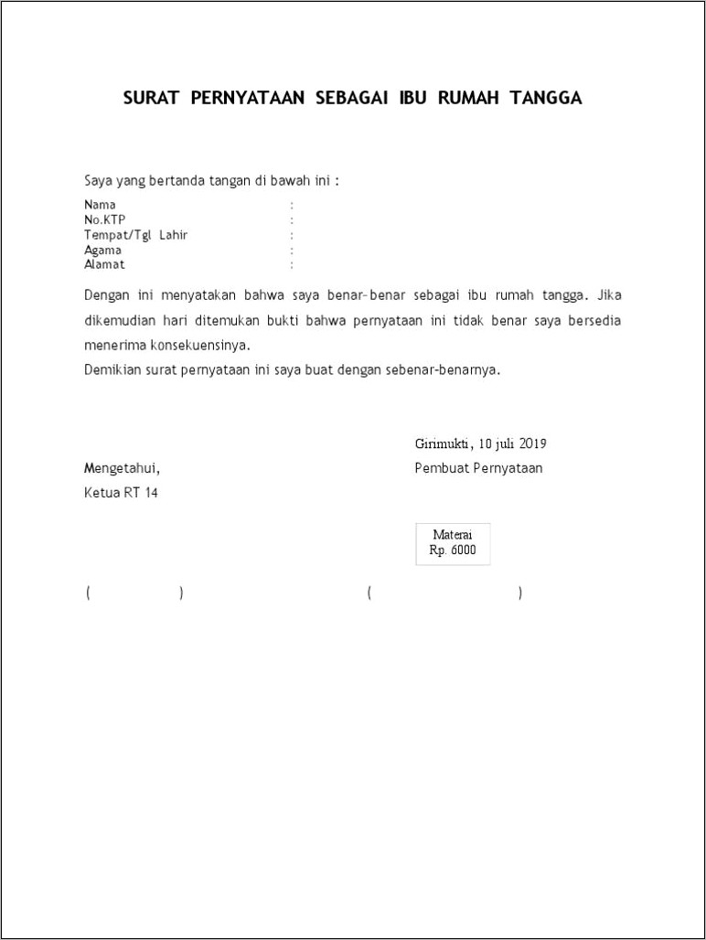 Contoh Surat Pernyataan Untk Pembantu Rumah Tangga