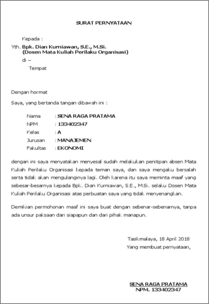 Contoh Surat Pernyataan Untuk Ambil Data Penelitian