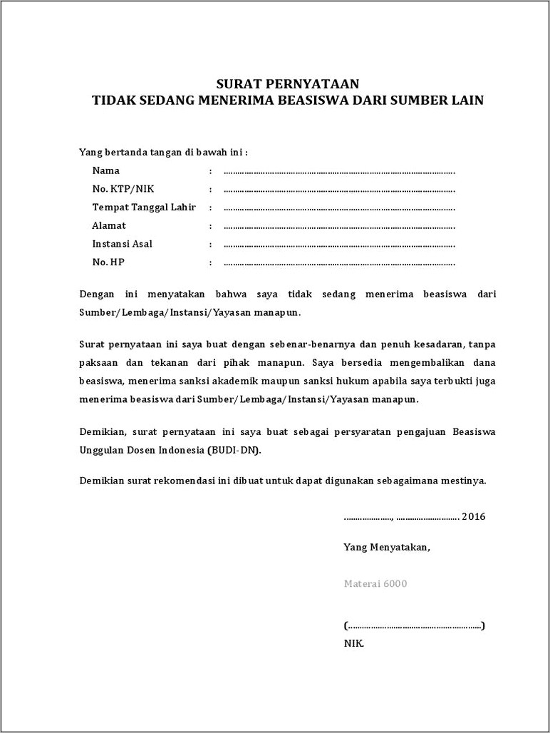 Contoh Surat Pernyataan Untuk Beasiswa Scholarship