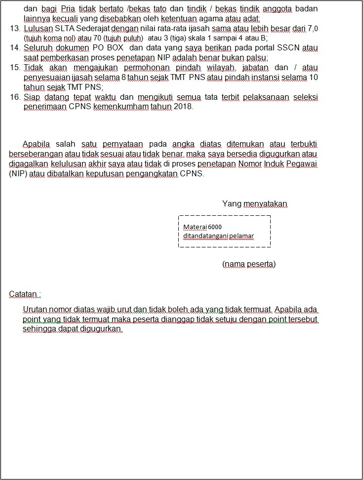 Contoh Surat Pernyataan Untuk Cpns 2018