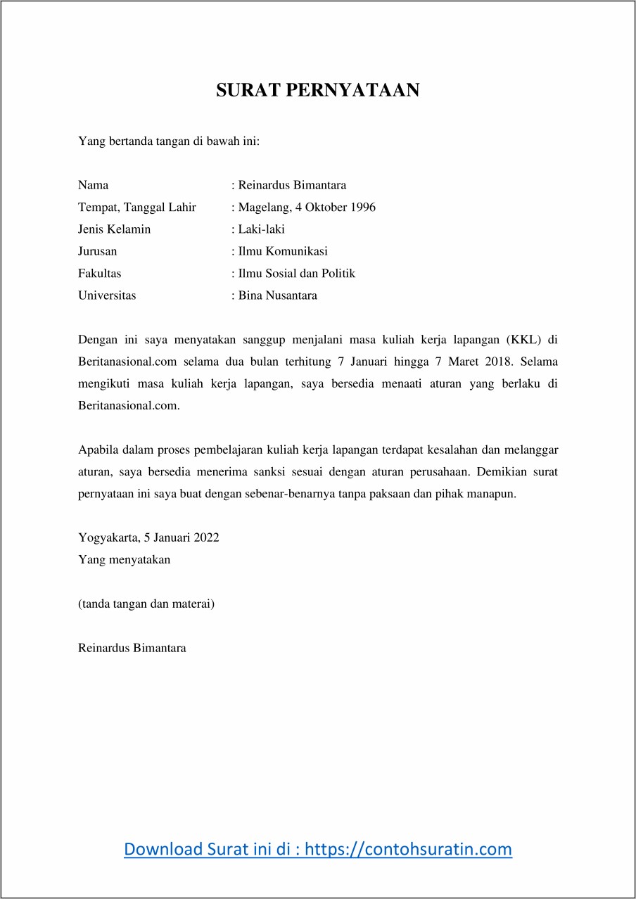 Contoh Surat Pernyataan Untuk Kuliah