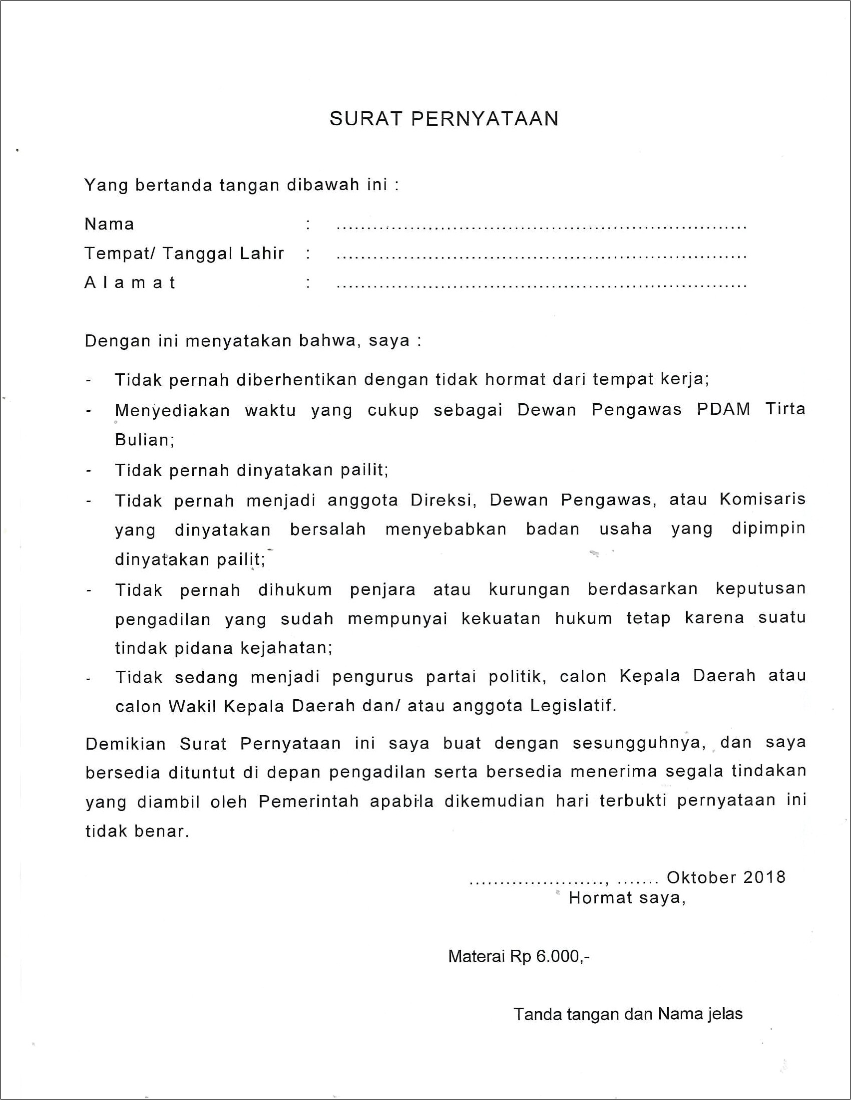 Contoh Surat Pernyataan Untuk Mendaftar Anggota Dpr