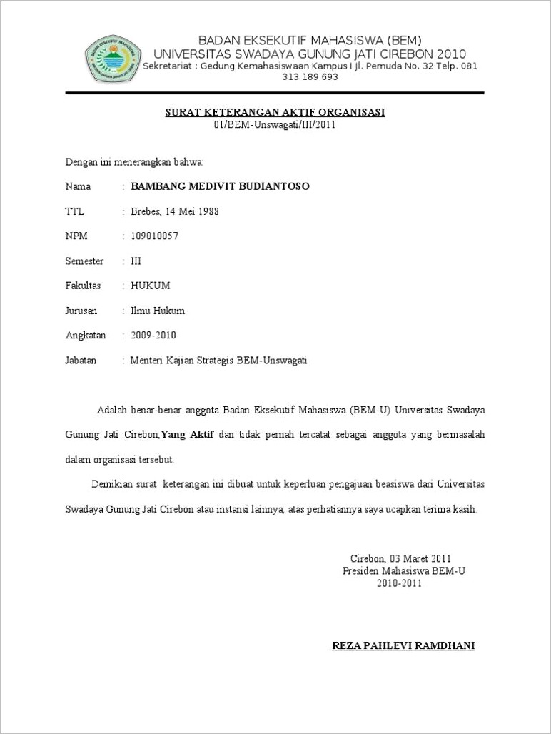 Contoh Surat Pernyataan Untuk Organisasi