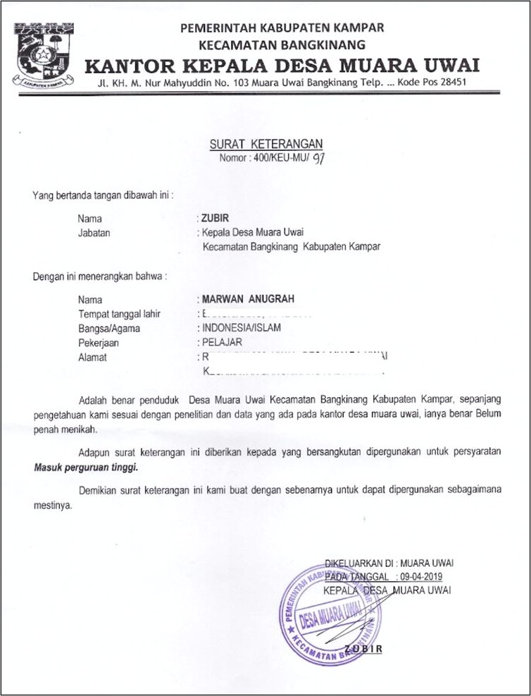 Contoh Surat Pernyataan Untuk Wali Hakim