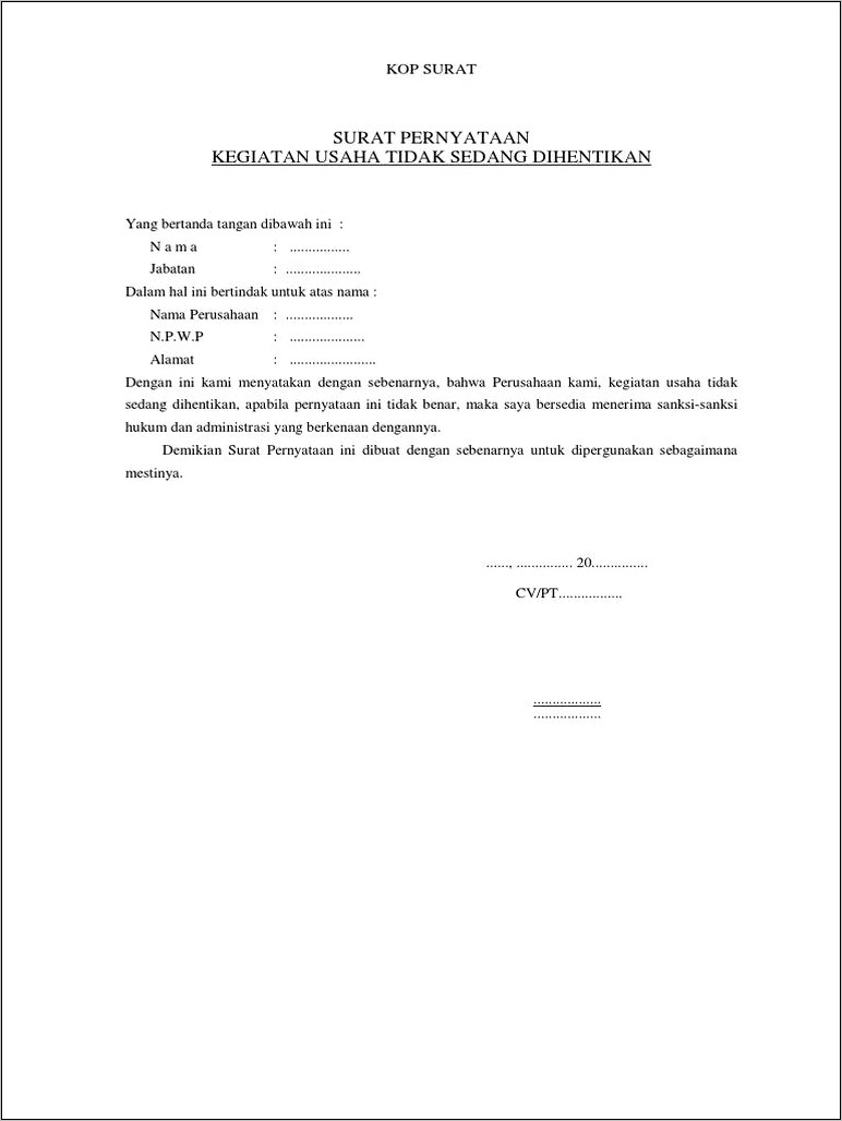 Contoh Surat Pernyataan Usaha Tida Beroperasi Lagi