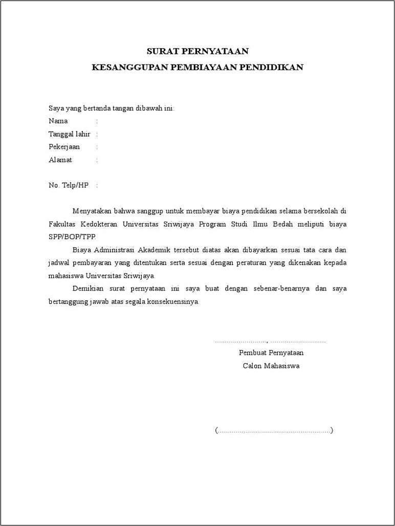 Contoh Surat Pernyataan Wali Murid Untuk Bop