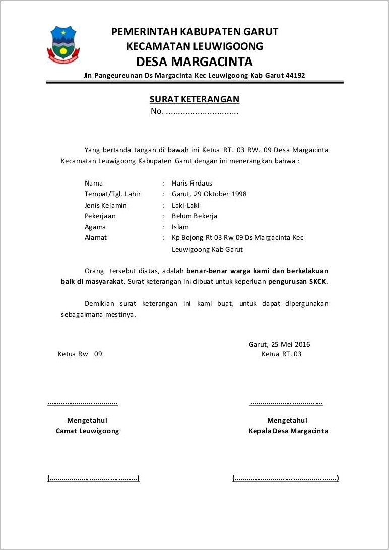 Contoh Surat Pernyataan Warga Masyarakat