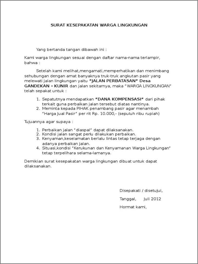 Contoh Surat Pernyataan Warga Untuk Membangun Jalan