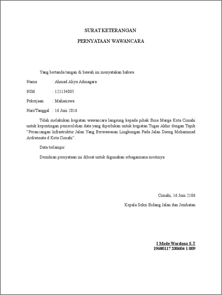 Contoh Surat Pernyataan Wawancara