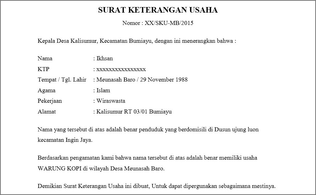 Contoh Surat Pernyataan Wirausaha Untuk Pmdk