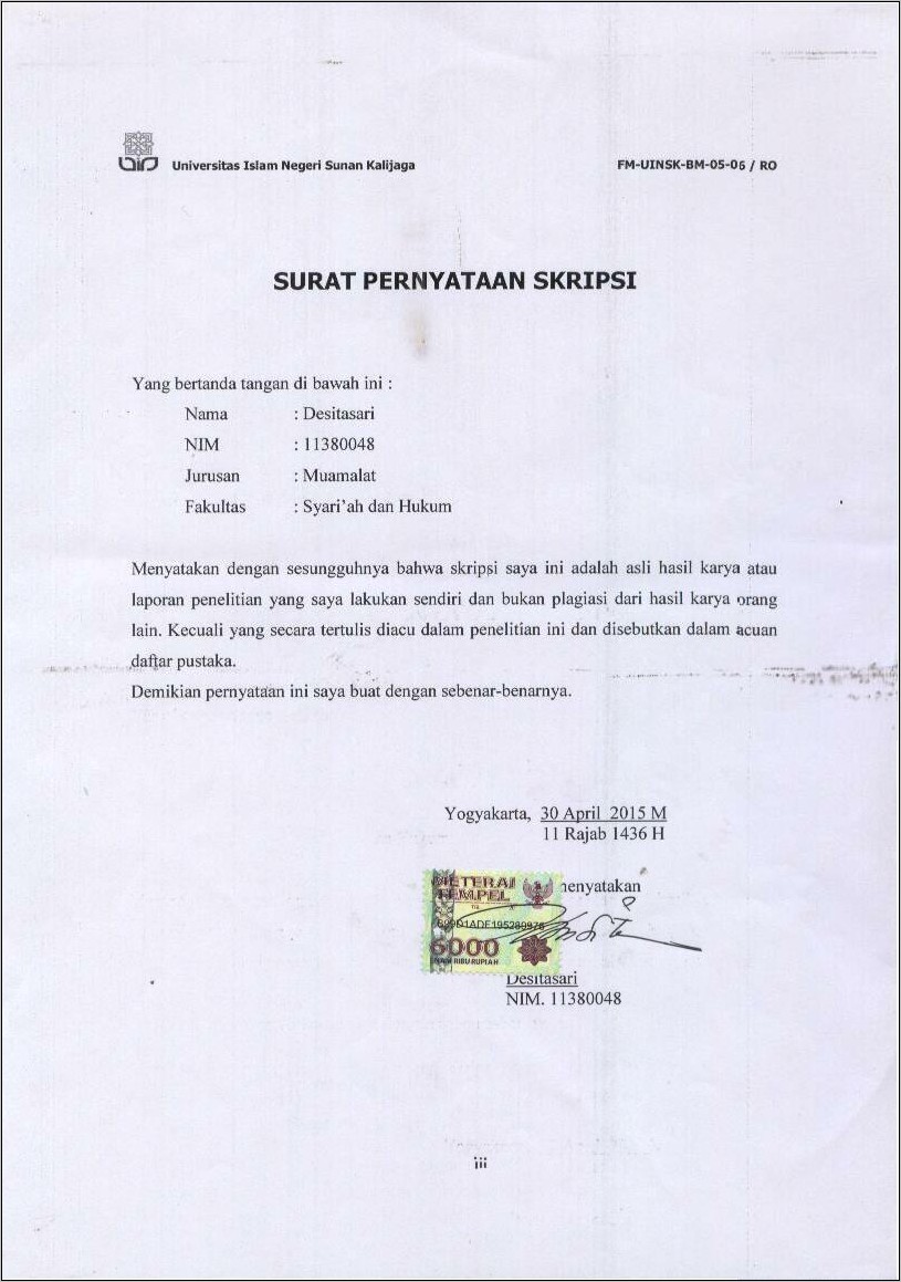 Contoh Surat Pernyataan Zakat Profesi Guru