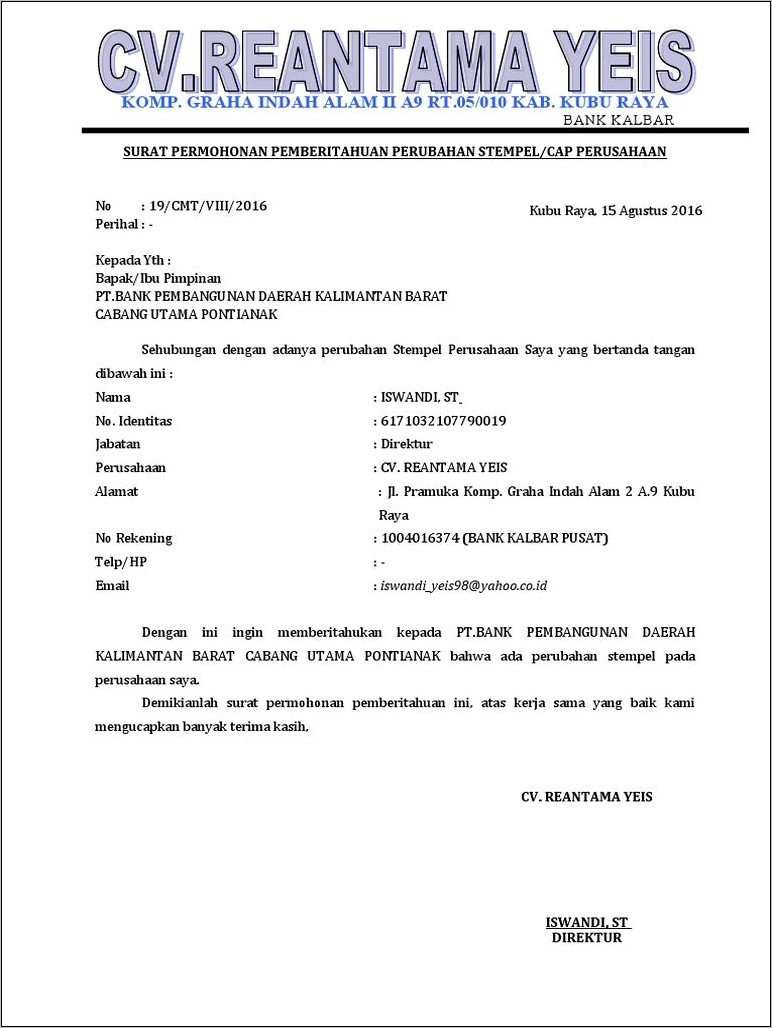 Contoh Surat Perubahan Cap Perusahaan