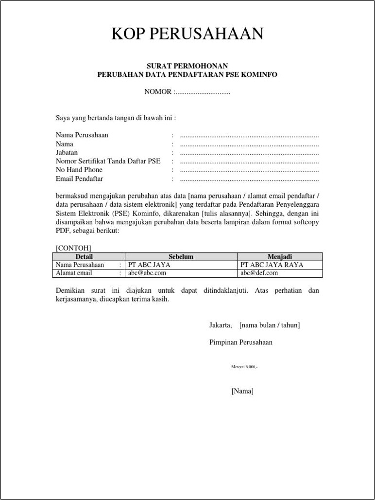 Contoh Surat Perubahan Data Perusahaan Di Bank