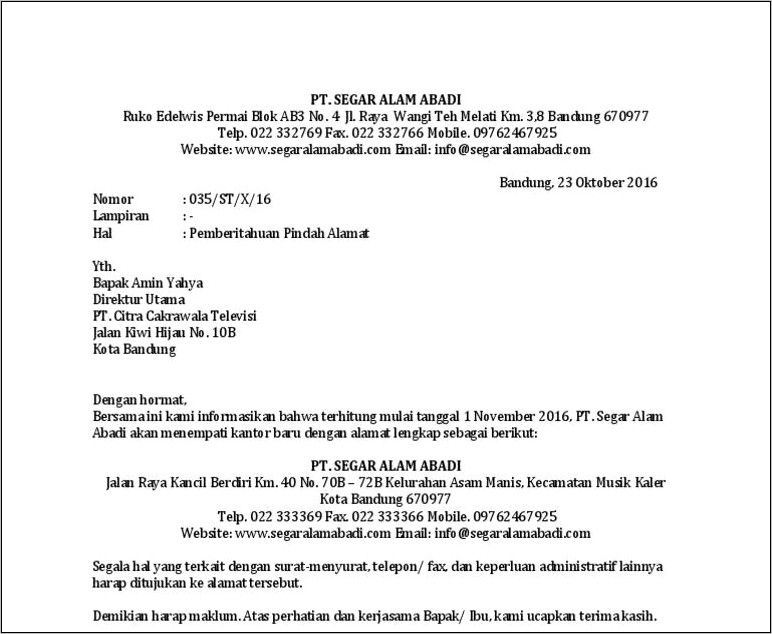 Contoh Surat Perubahan Domisili Perusahaan