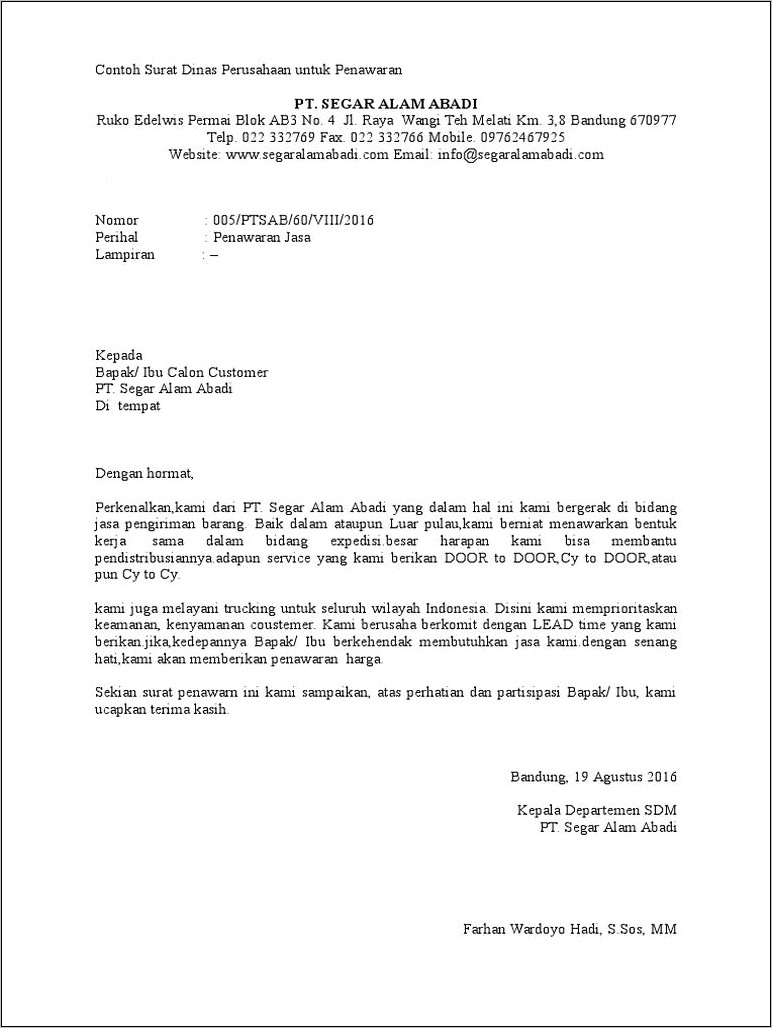 Contoh Surat Perusahaan Ditunjuk Pemenang After Sales Service