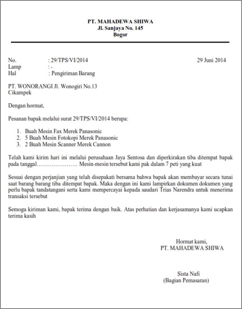 Contoh Surat Perusahaan Pemesanan