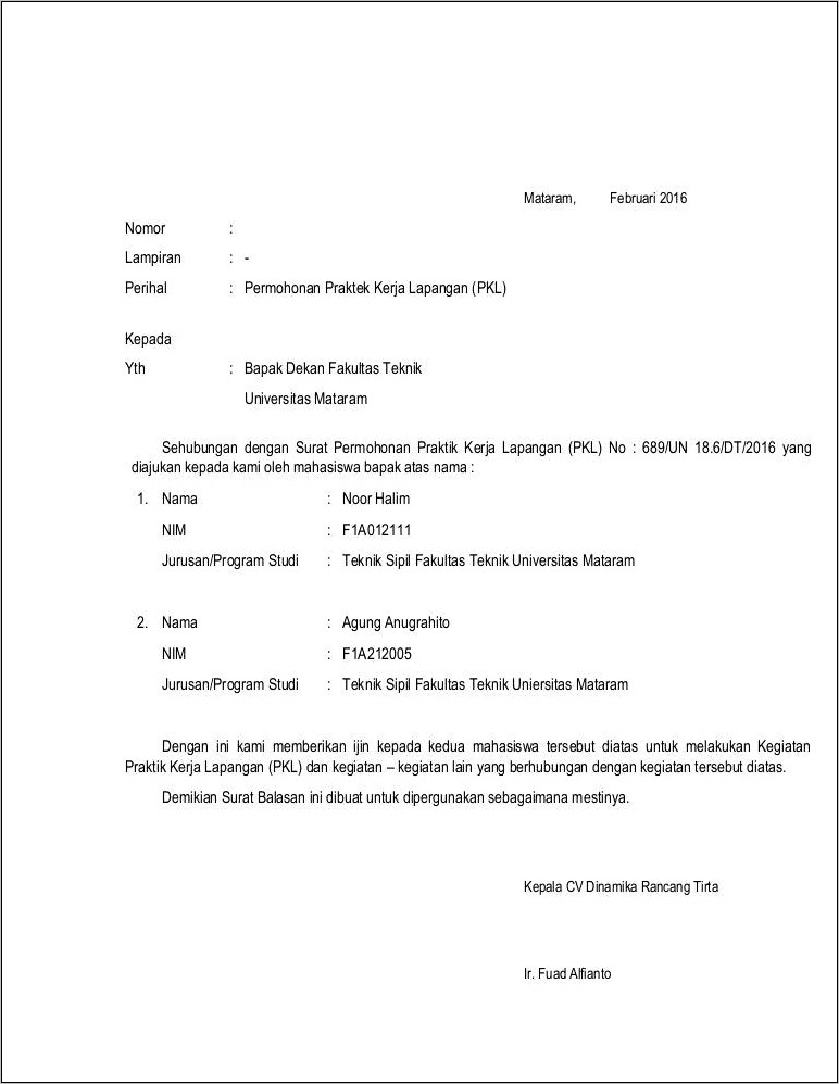 Contoh Surat Pkl Dari Perusahaan Doc