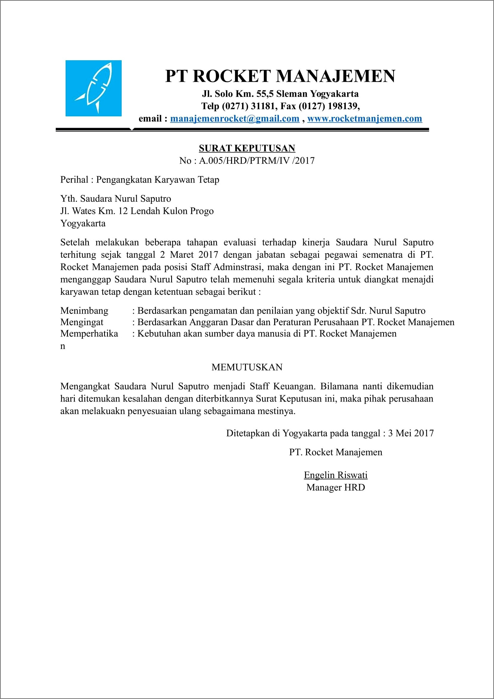 Contoh Surat Pnengakatan Dari Perusahaan