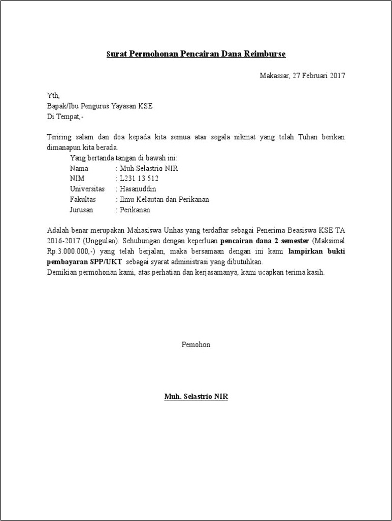 Contoh Surat Reimburse Perusahaan