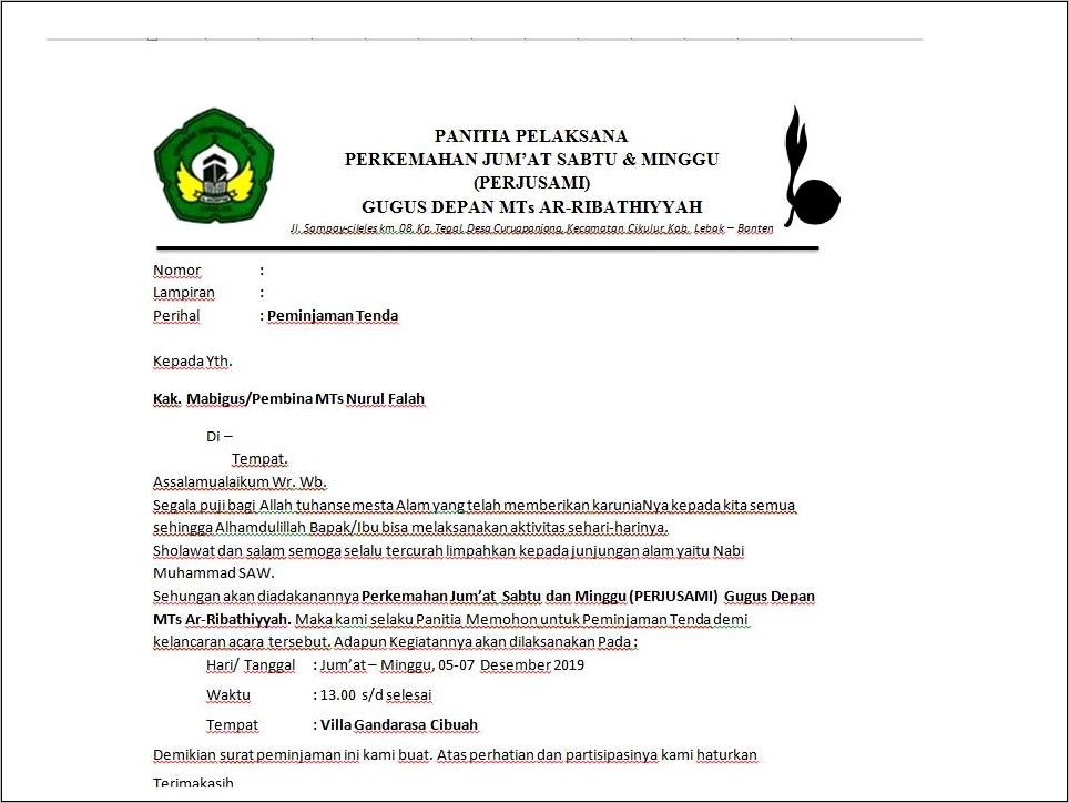 Contoh Surat Resmi Permohonan Izin Meminjam Tenda