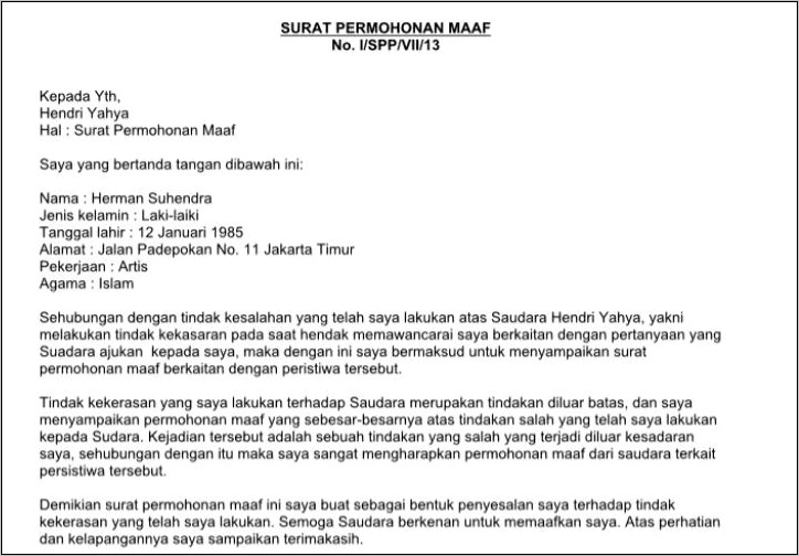 Contoh Surat Resmi Permohonan Maaf Kepada Sekolah