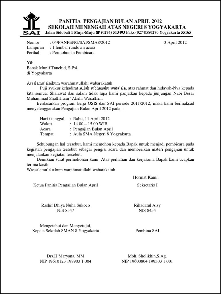 Contoh Surat Resmi Permohonan Menjadi Pembicara