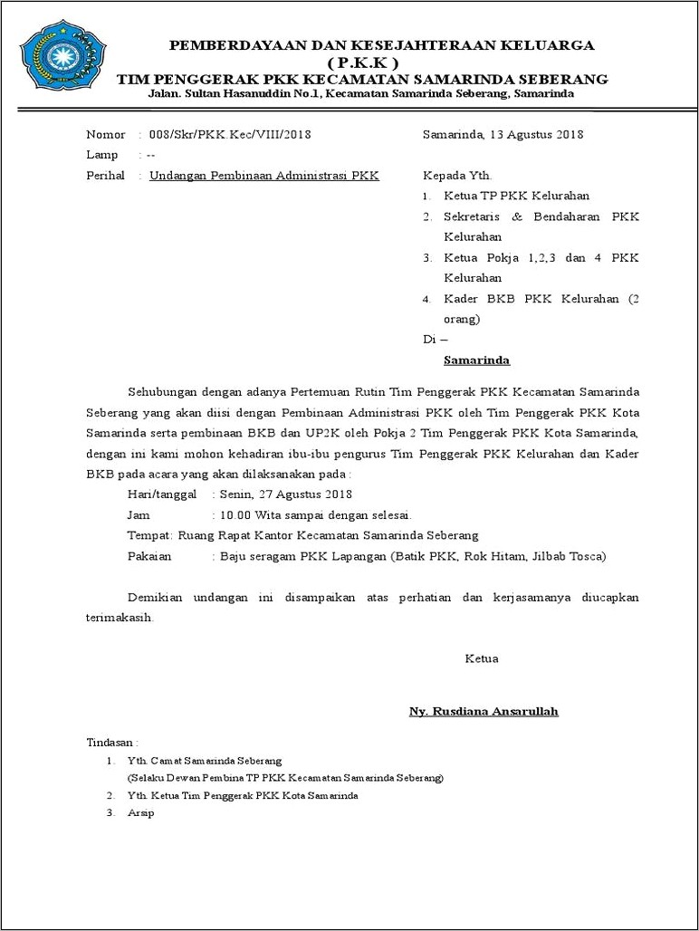 Contoh Surat Undang Pkk Kota