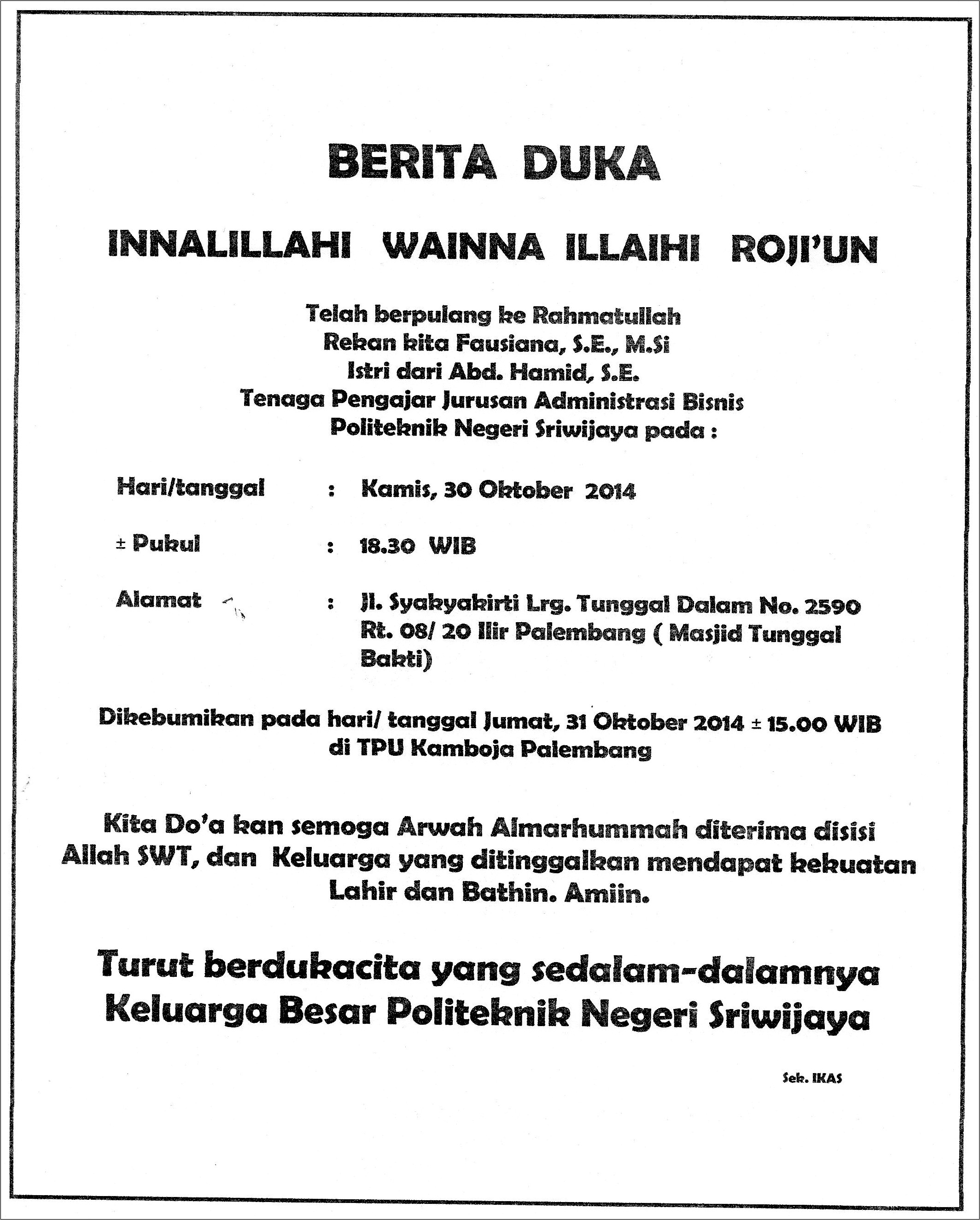 Contoh Surat Undangan Duka