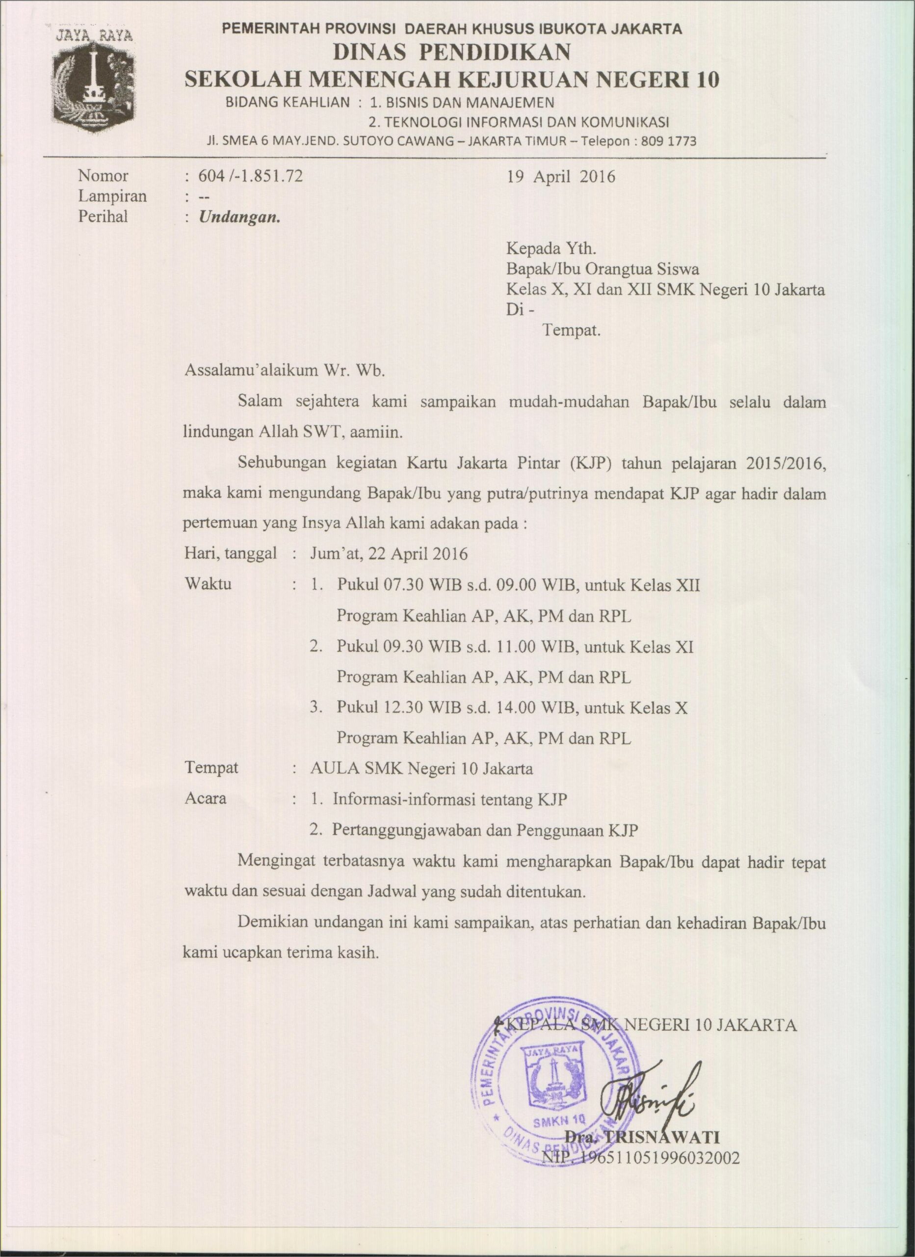 Contoh Surat Undangan Rapat Guru Dan Orang Tua Sd
