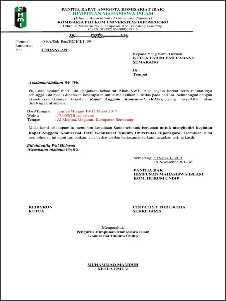 Contoh Surat Undangan Rapat Hmi