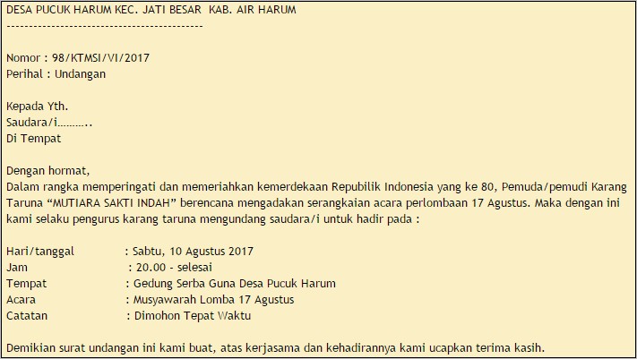Contoh Surat Undangan Rapat Hut Ri Ke 74