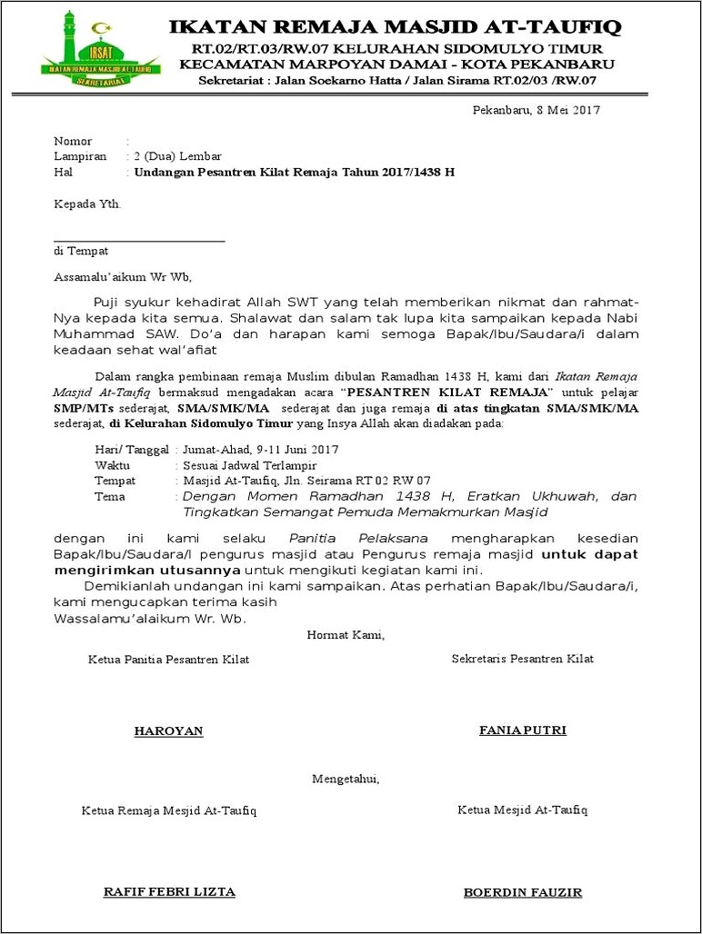 Contoh Surat Undangan Rapat Ikatan Remaja Masjid