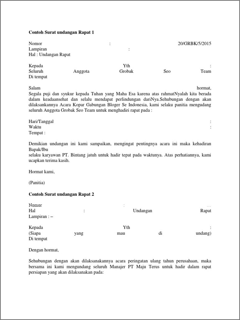 Contoh Surat Undangan Rapat Irmas