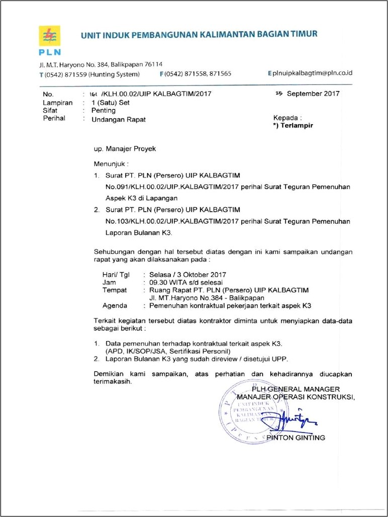 Contoh Surat Undangan Rapat K3rs